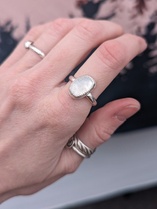 Faceted Moonstone Silver Ring - size 9