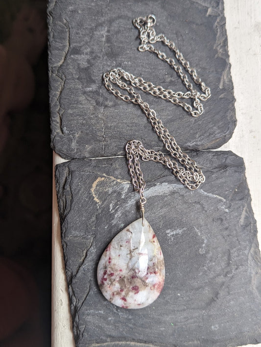 Eudialyte Tear Drop and Stainless Steel Necklace