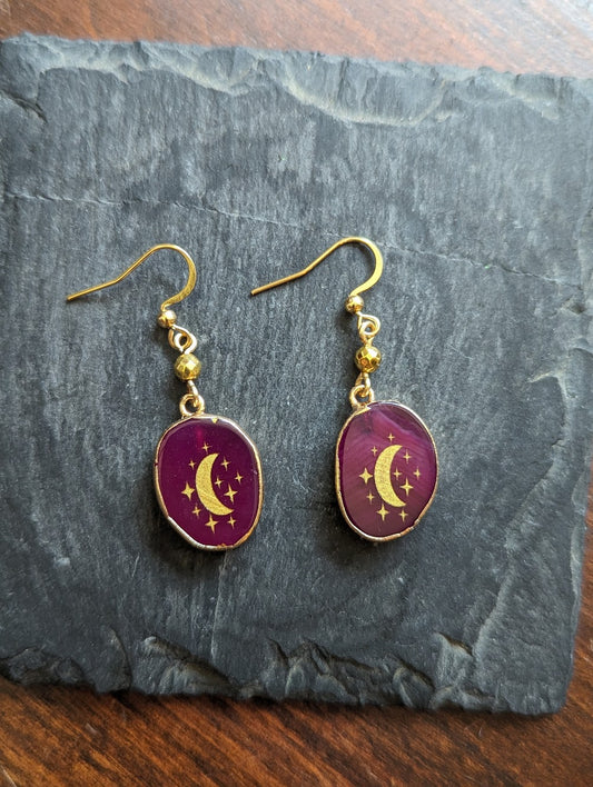 Pink Agate Gold Moon Earrings
