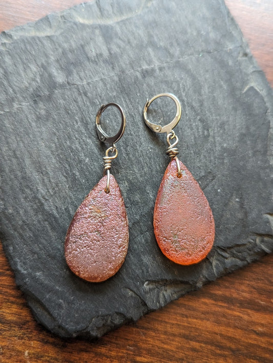 Textured Red/Orange Glass Tear Drop Earrings
