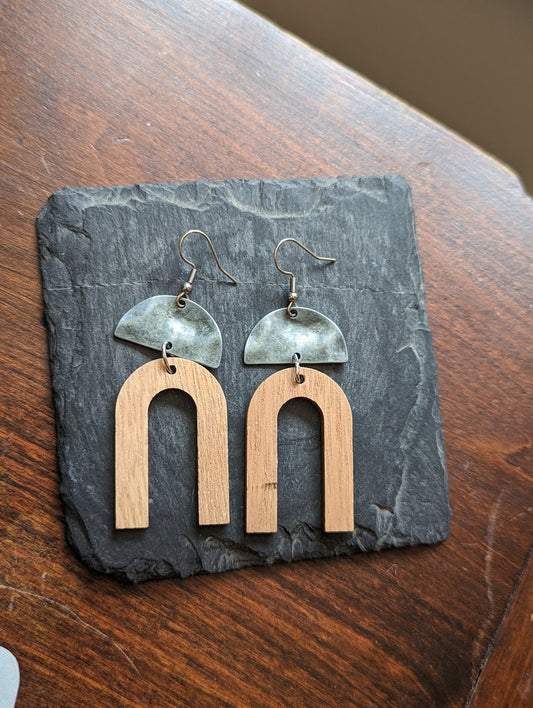 Hammered Silver Half Moon and Wooden Arch Statement Earrings
