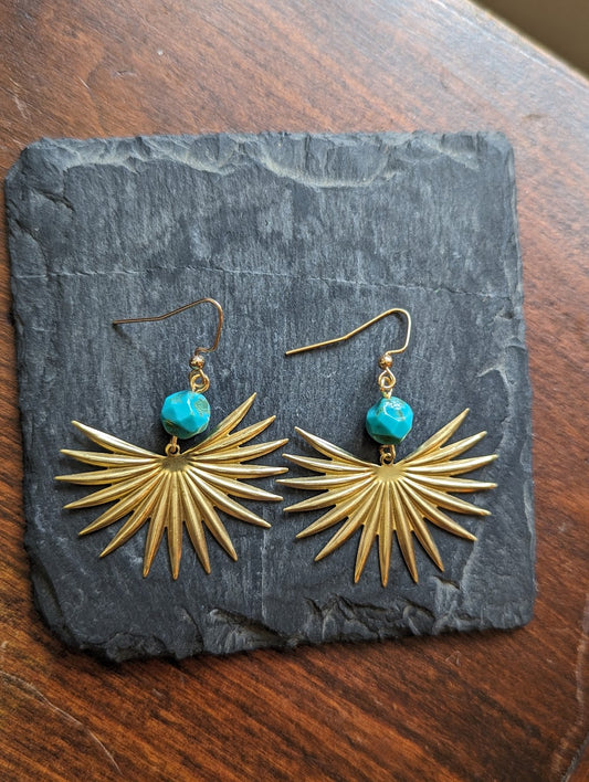Gold Fan Turquoise Accent Statement Earrings