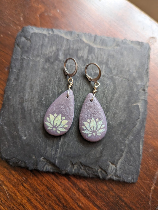 Purple Lotus Glass Tear Drop Earrings