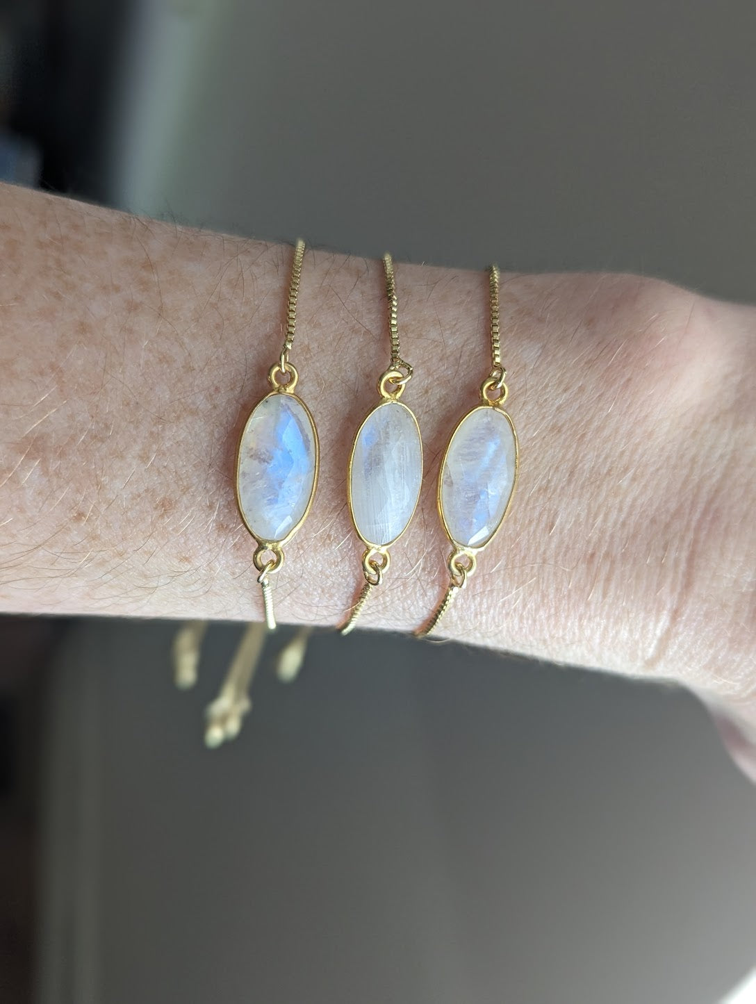 Faceted Moonstone Oval Gold Slider Bracelet