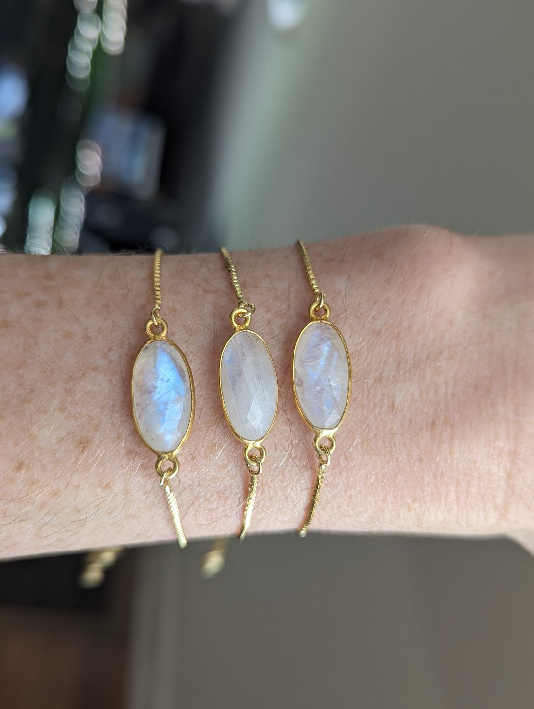 Faceted Moonstone Oval Gold Slider Bracelet