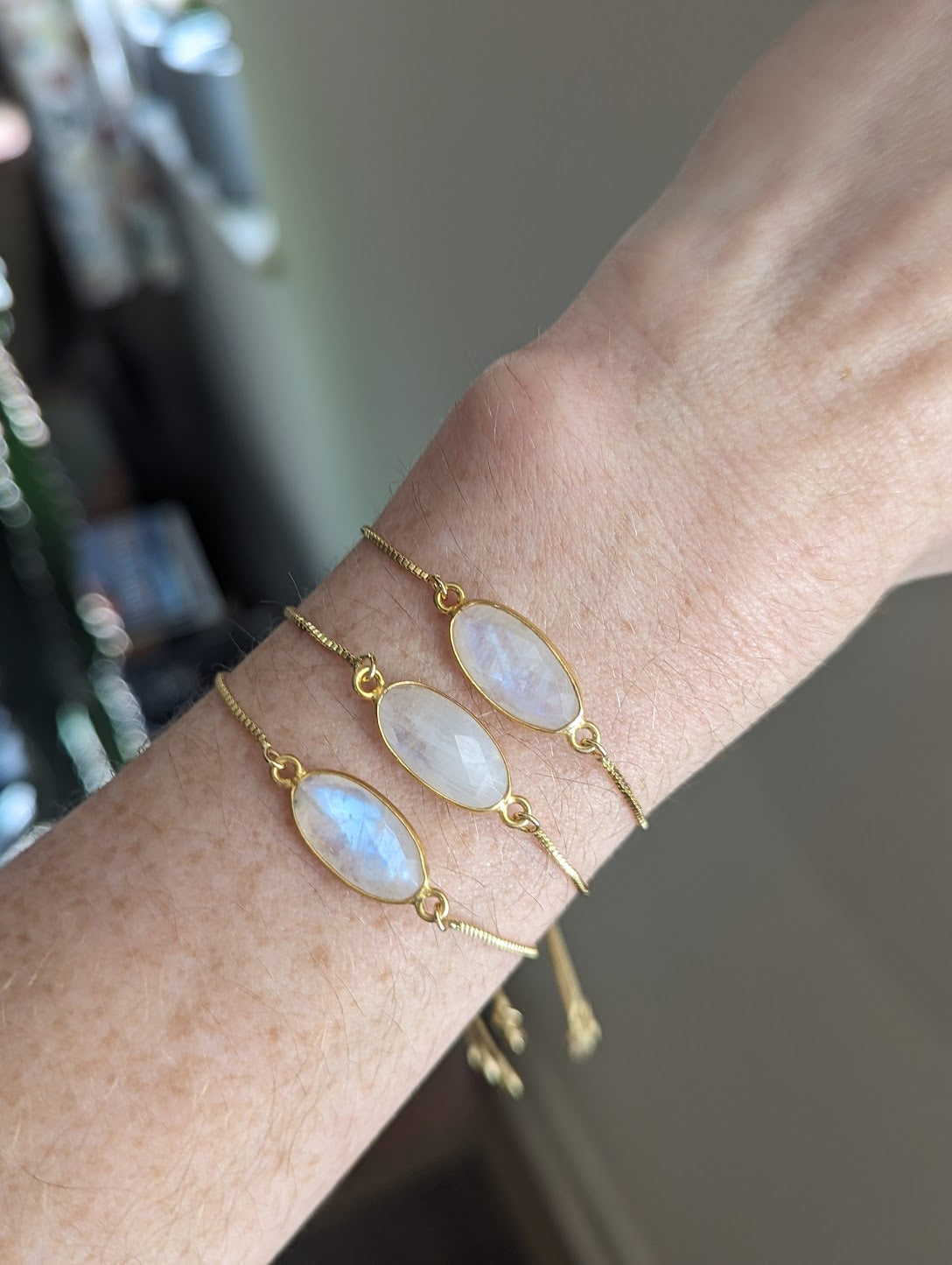 Faceted Moonstone Oval Gold Slider Bracelet