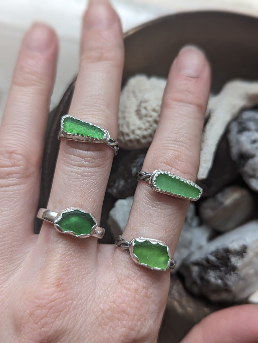 Anillo de vidrio marino verde - Tallas 7,5 y 8,5