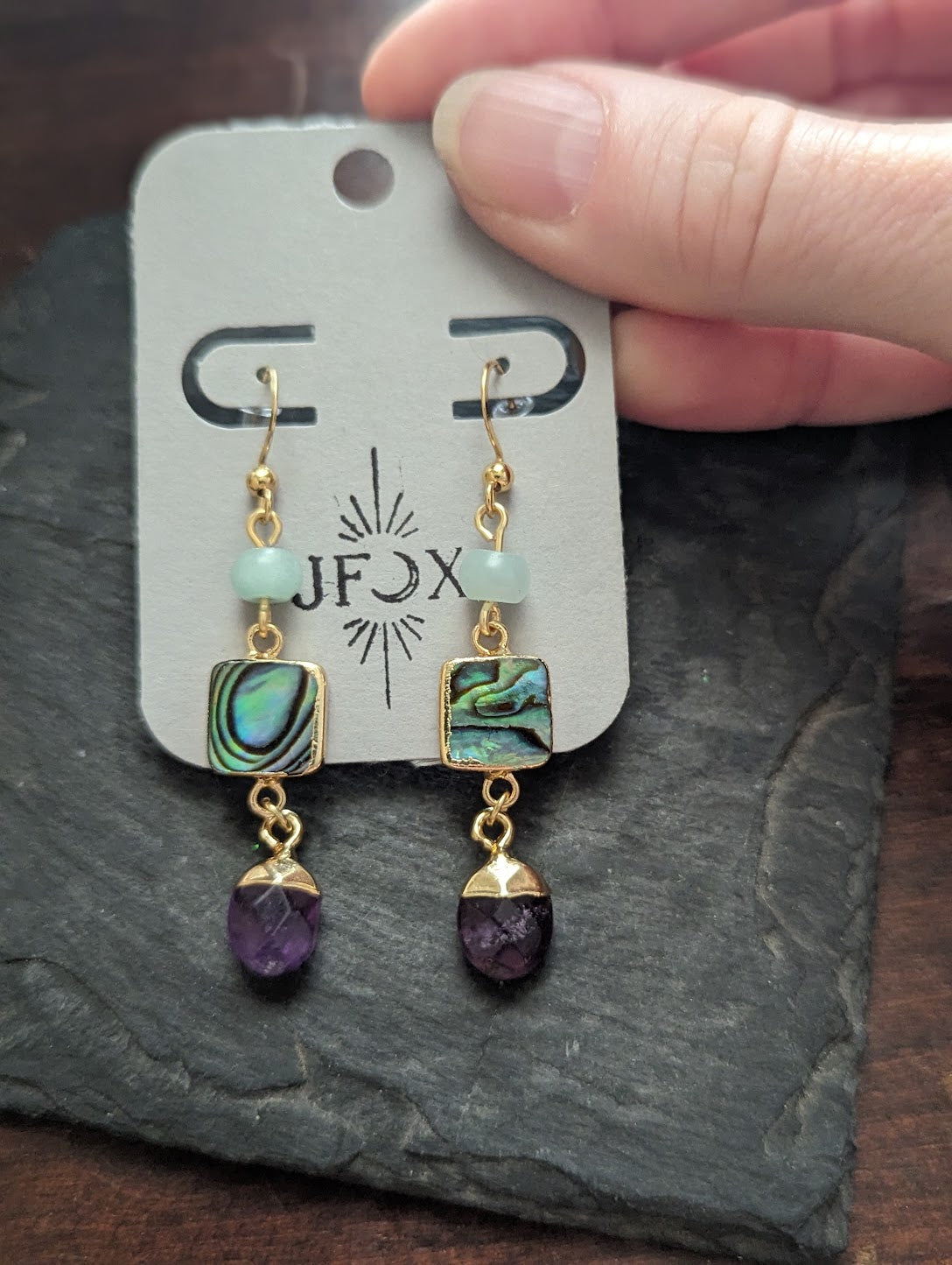 Aquamarine, Abalone, Amethyst Trio Earrings