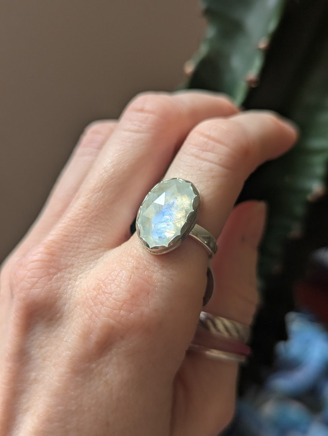 Faceted Rainbow Moonstone Silver Ring - Size 6.5