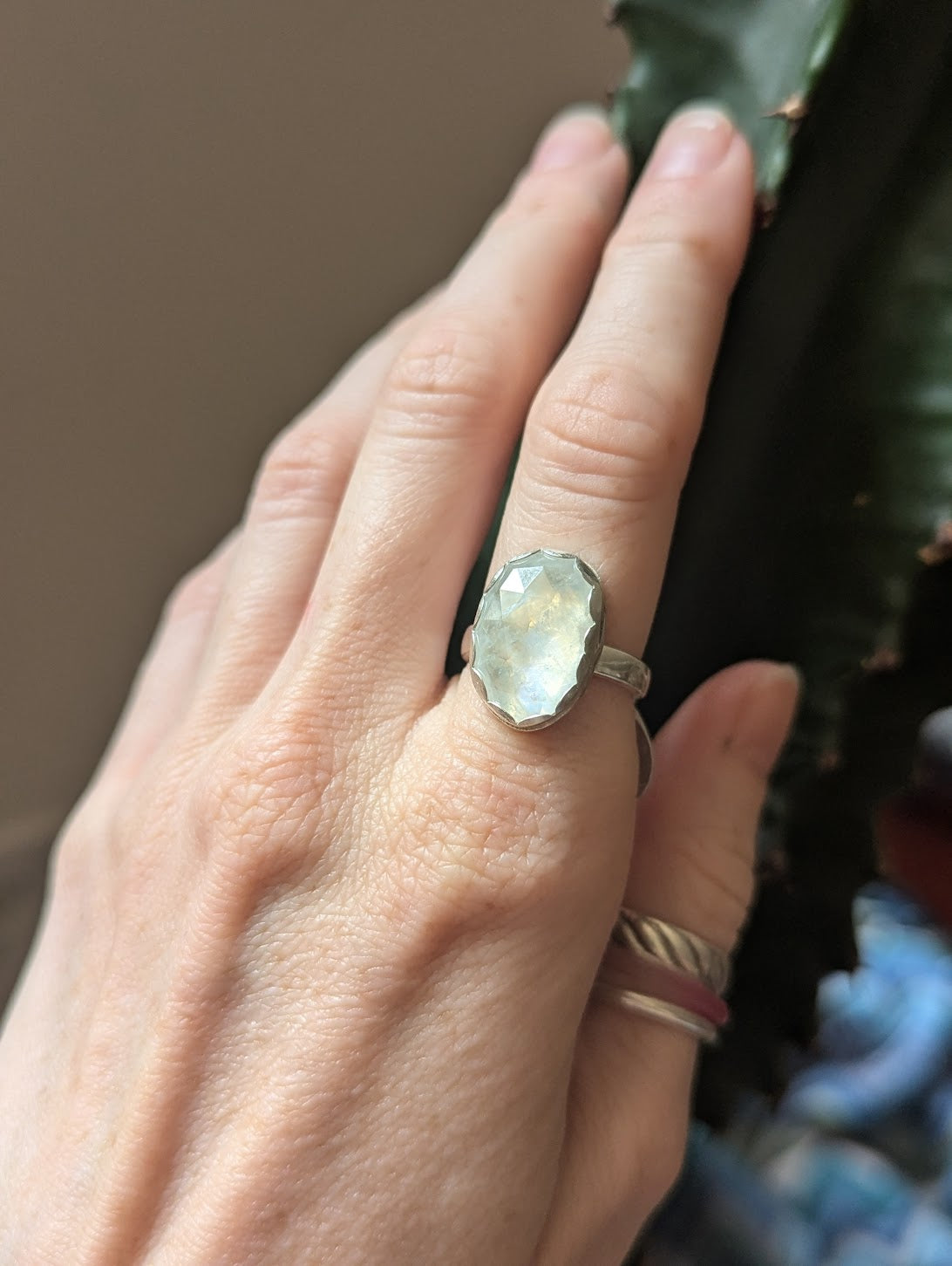 Faceted Rainbow Moonstone Silver Ring - Size 6.5