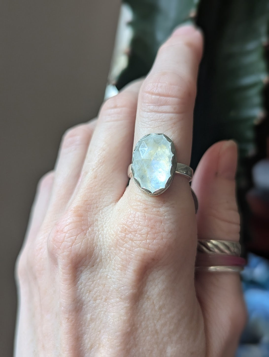 Faceted Rainbow Moonstone Silver Ring - Size 6.5