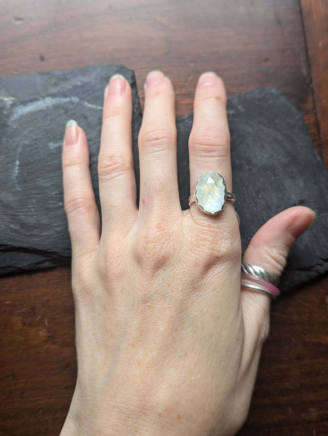Faceted Rainbow Moonstone Silver Ring - Size 6.5
