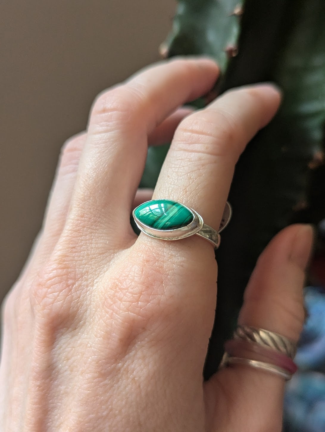 Marquise cut Malachite Sterling Silver Ring - Size 7 + 9