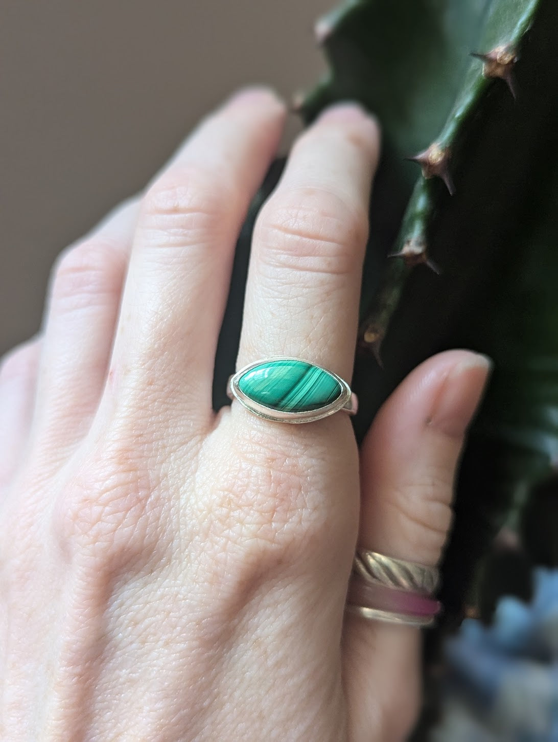 Marquise cut Malachite Sterling Silver Ring - Size 7 + 9