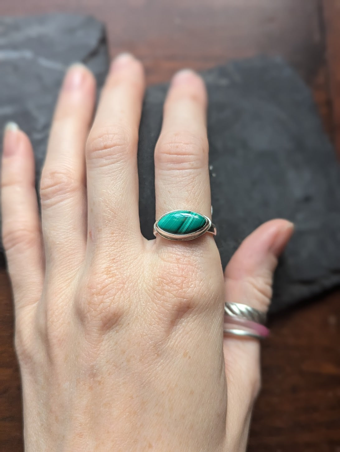 Marquise cut Malachite Sterling Silver Ring - Size 7 + 9