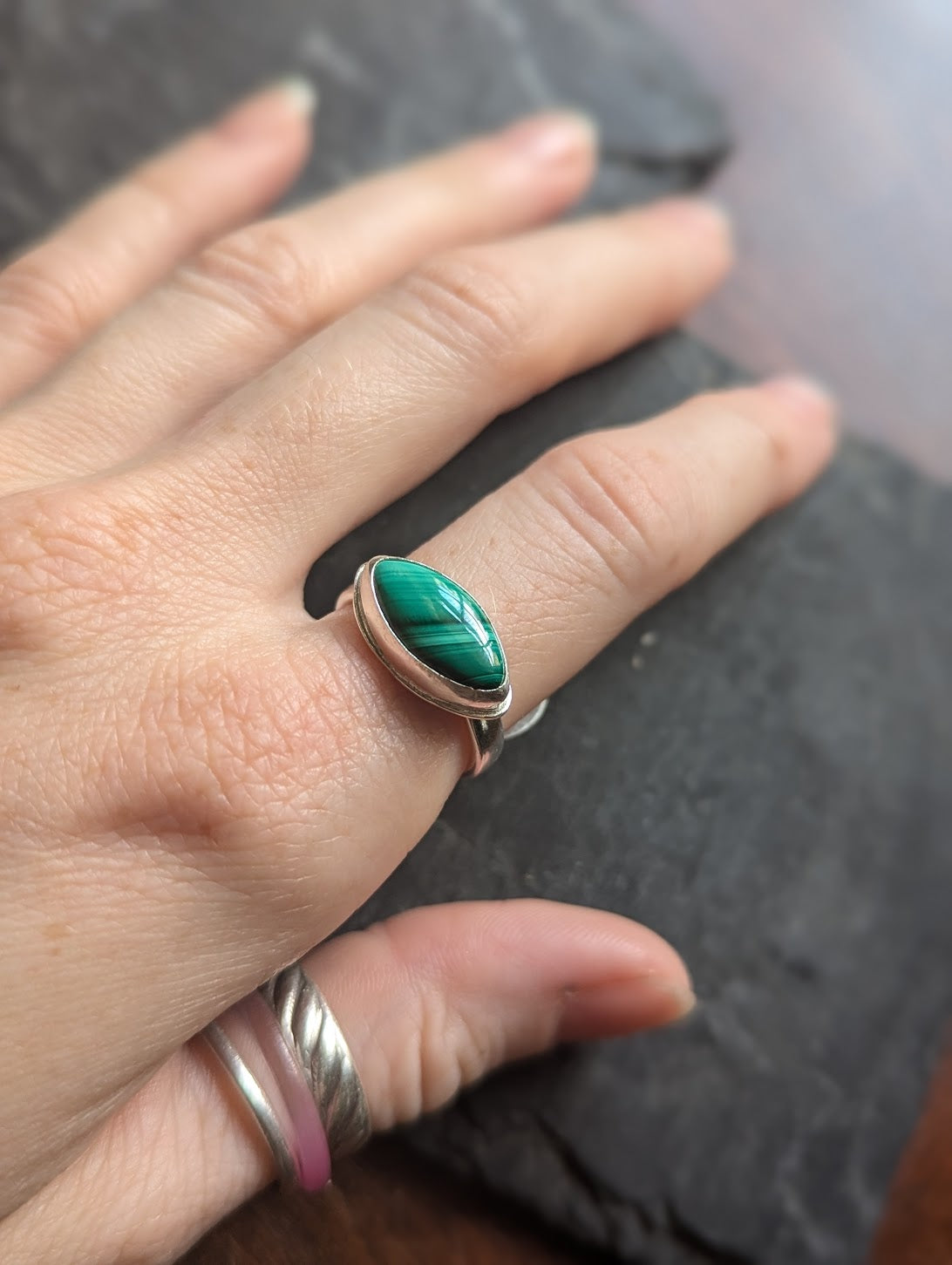 Marquise cut Malachite Sterling Silver Ring - Size 7 + 9