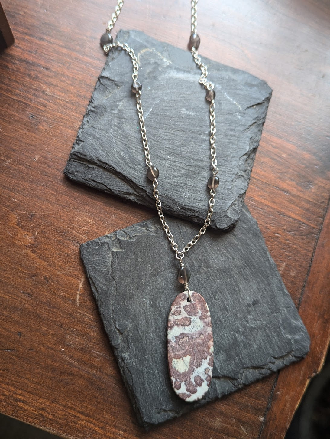 Artistic Jasper Wire-Wrapped Smoky Quartz Stainless Necklace