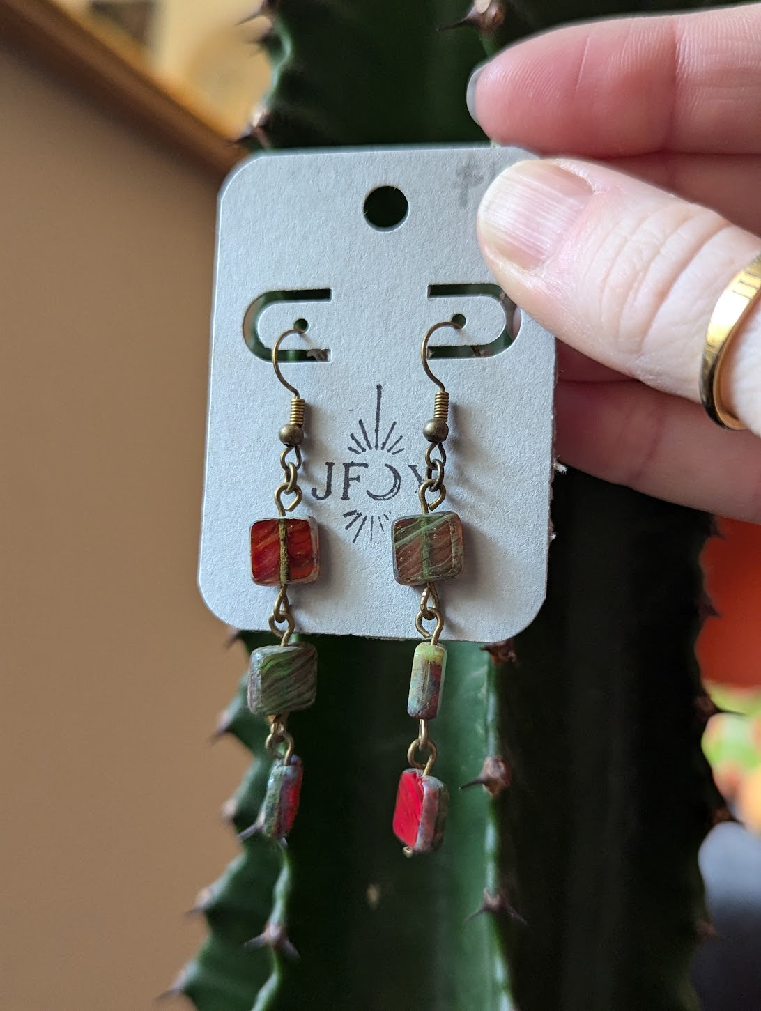 Red and Green Glass Square Wire-Wrapped Brass Earrings