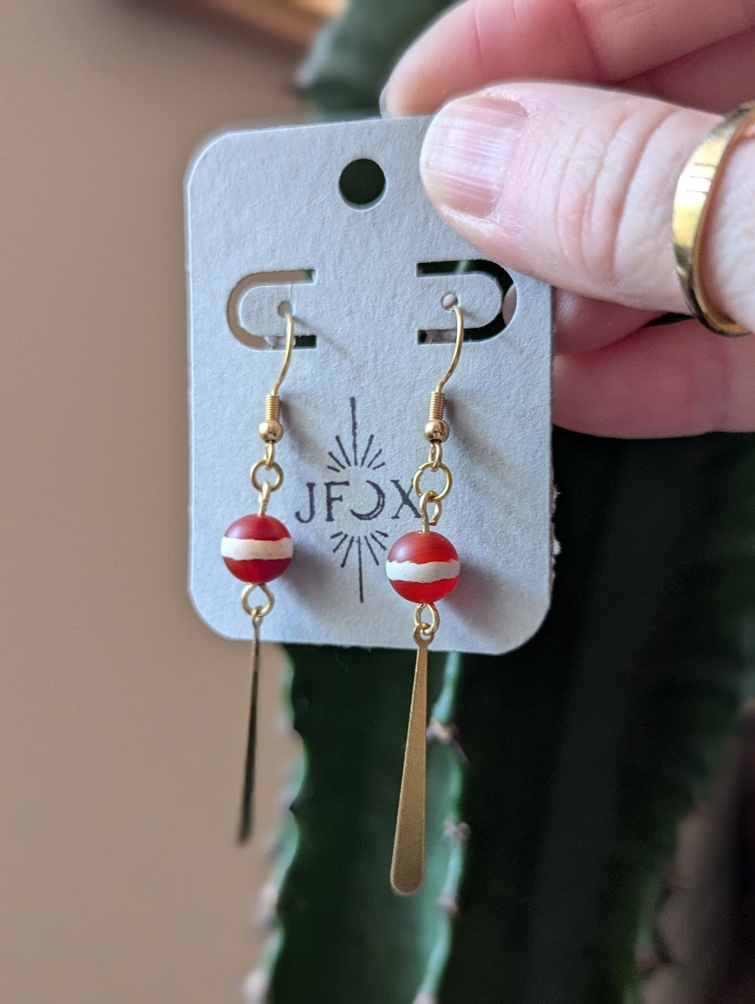 Red and White Brass Drop Earrings