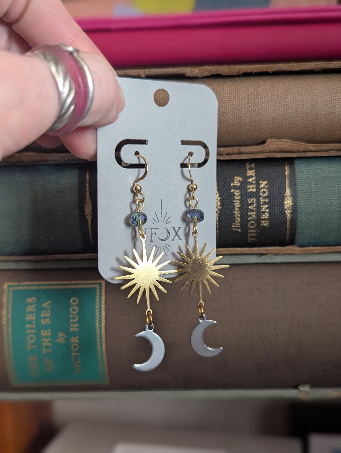 Sunburst Crescent Moon Mixed Metal Stainless Earrings
