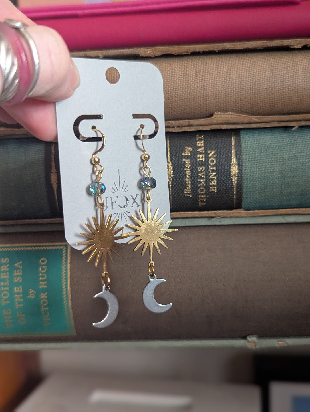 Sunburst Crescent Moon Mixed Metal Stainless Earrings