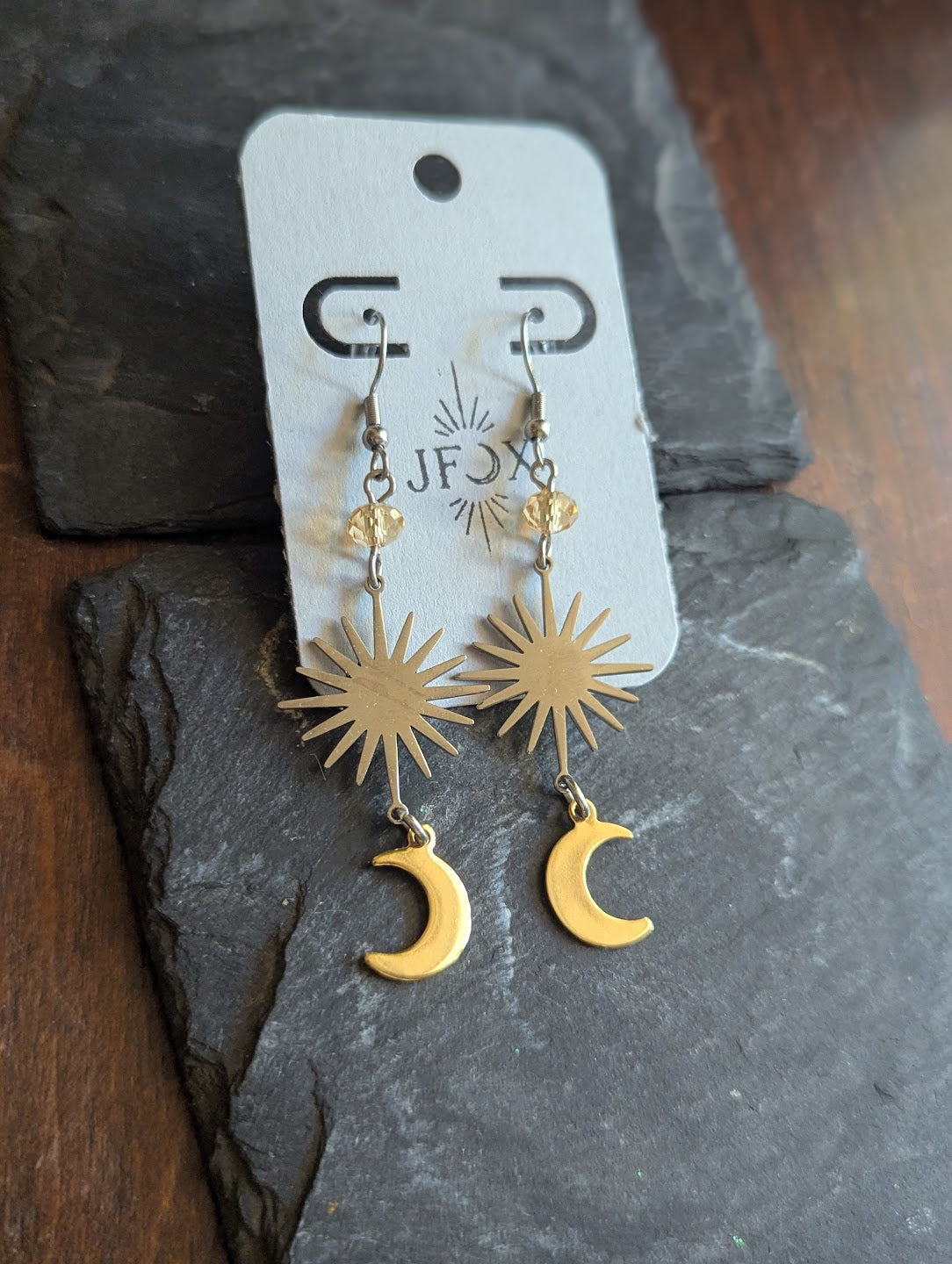 Sunburst Crescent Moon Mixed Metal Stainless Earrings