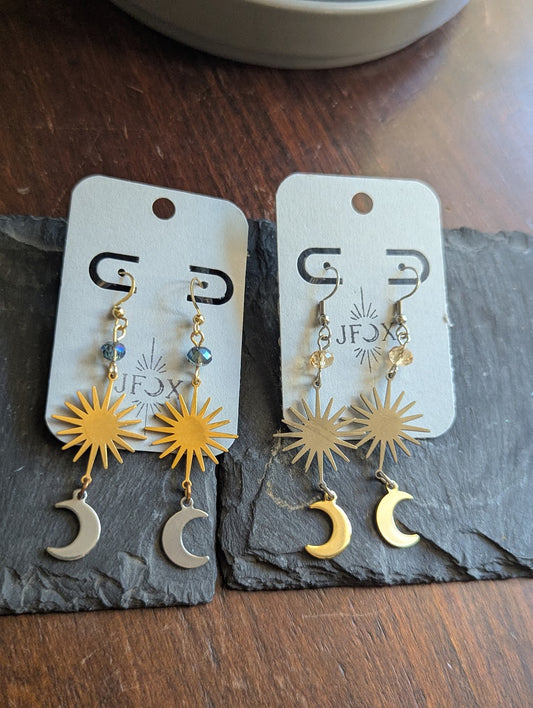 Sunburst Crescent Moon Mixed Metal Stainless Earrings