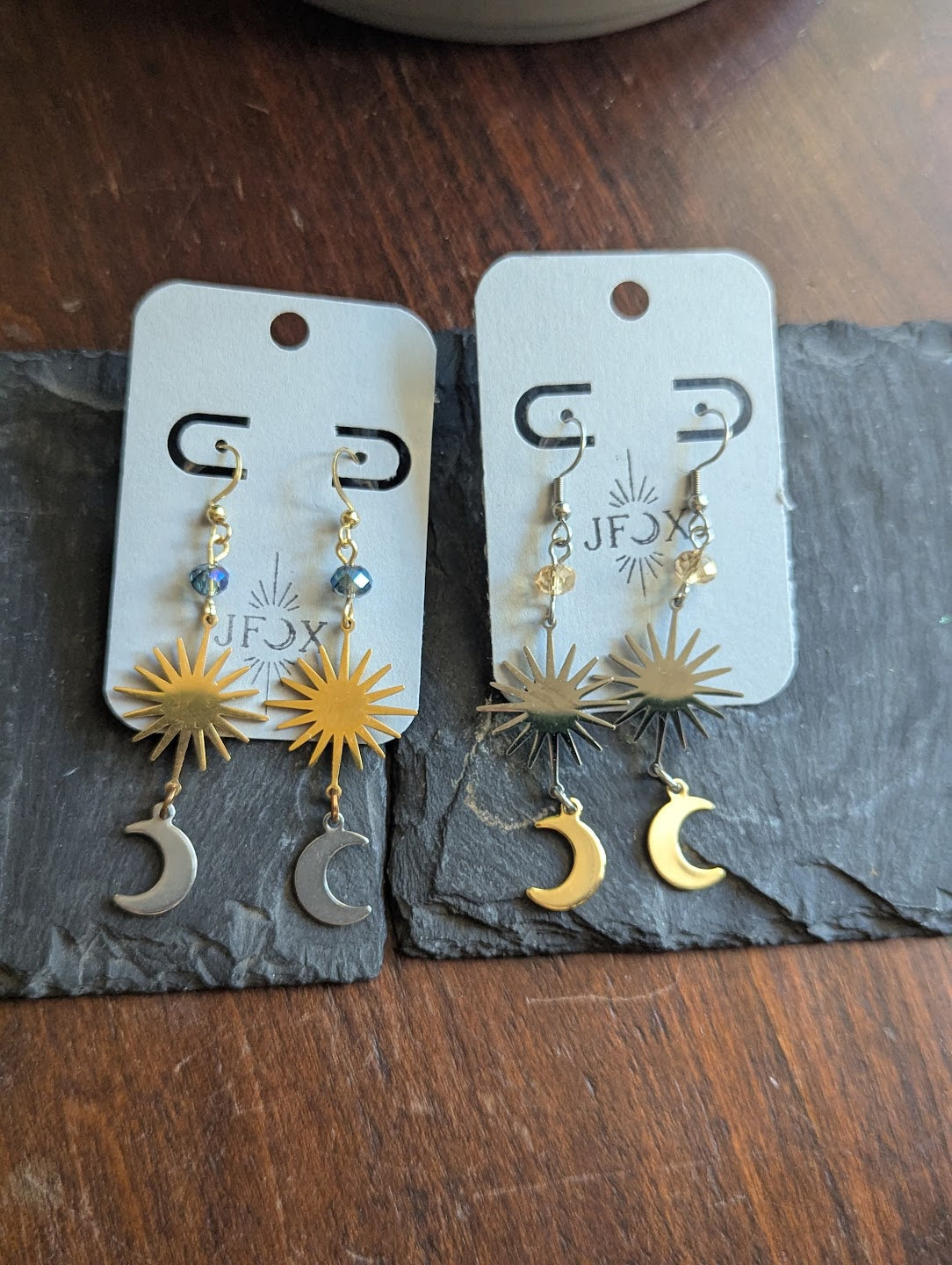 Sunburst Crescent Moon Mixed Metal Stainless Earrings