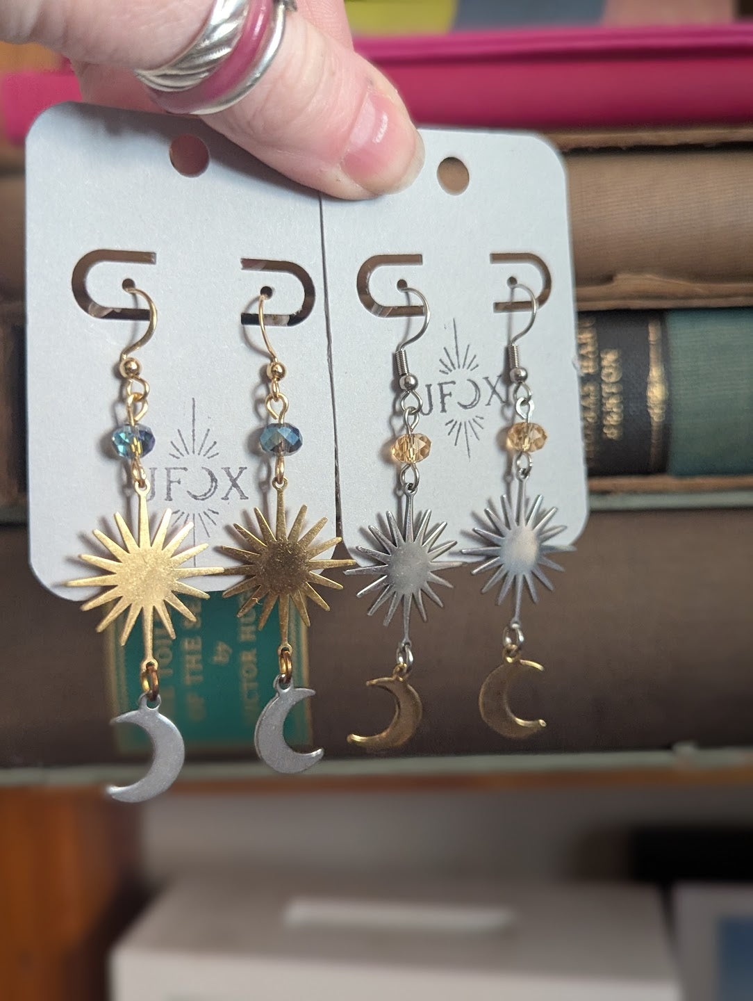 Sunburst Crescent Moon Mixed Metal Stainless Earrings