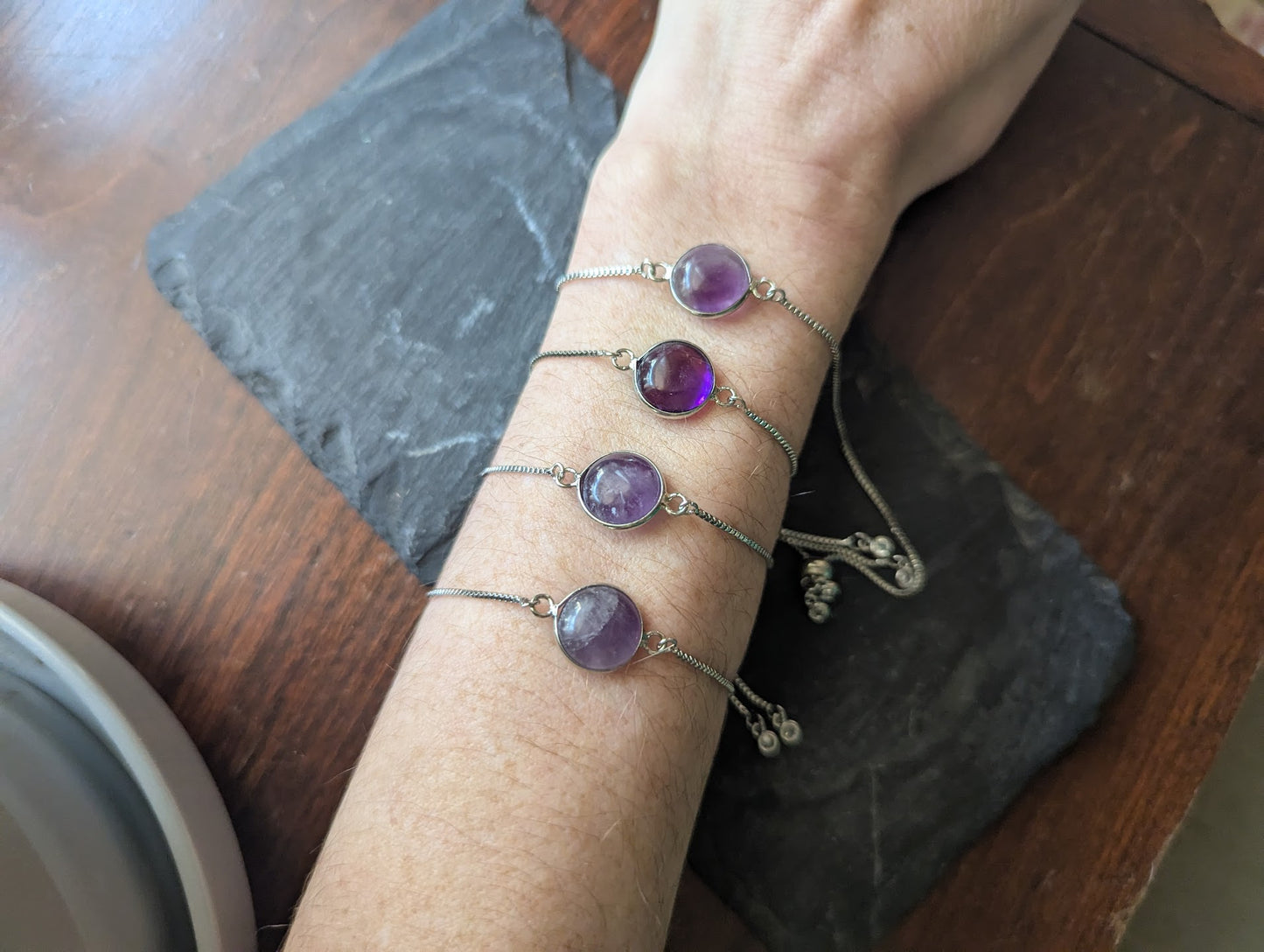 Round Amethyst Silver Slider Bracelet