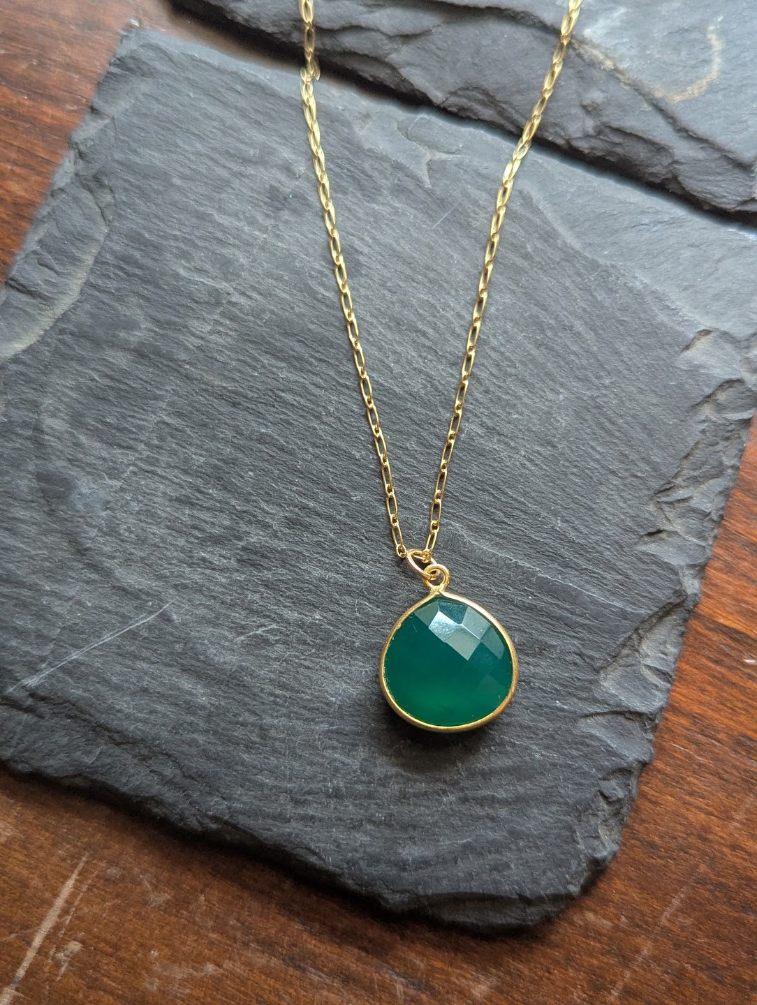 Faceted Green Onyx Tear Drop 14KGF Necklace