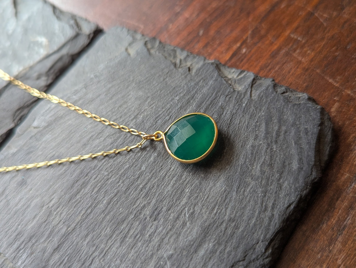 Faceted Green Onyx Tear Drop 14KGF Necklace
