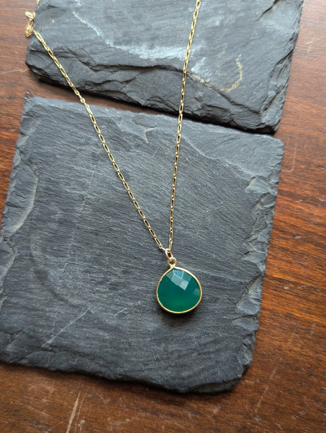 Faceted Green Onyx Tear Drop 14KGF Necklace