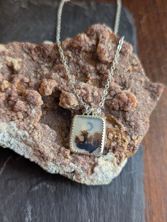 Rectangle Dendritic Agate Crescent Moon Sterling Necklace