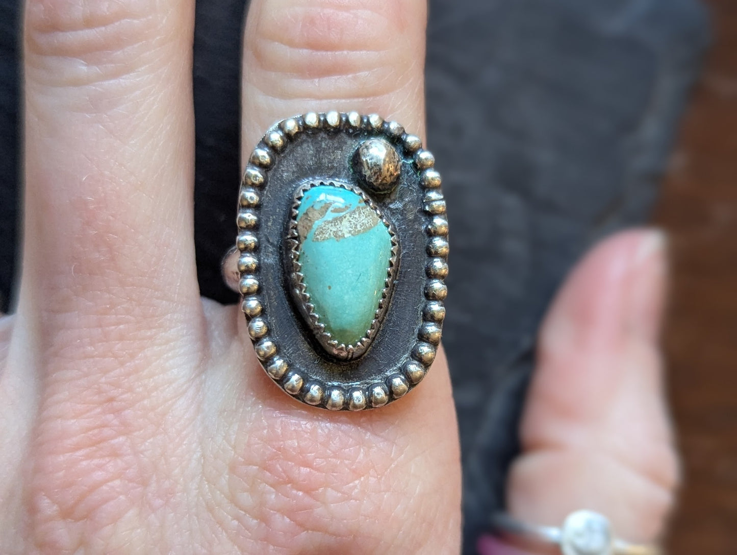 Morenci Turquoise Shadow Box Sterling Silver Ring - Size 7.5