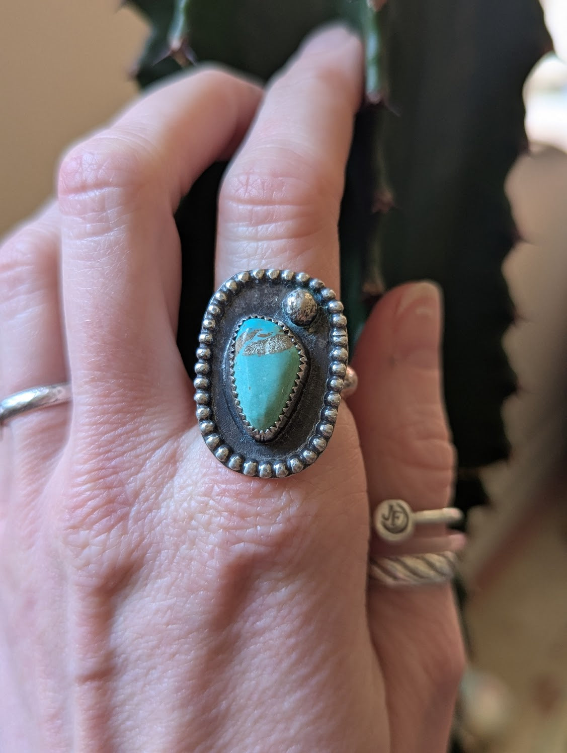 Morenci Turquoise Shadow Box Sterling Silver Ring - Size 7.5