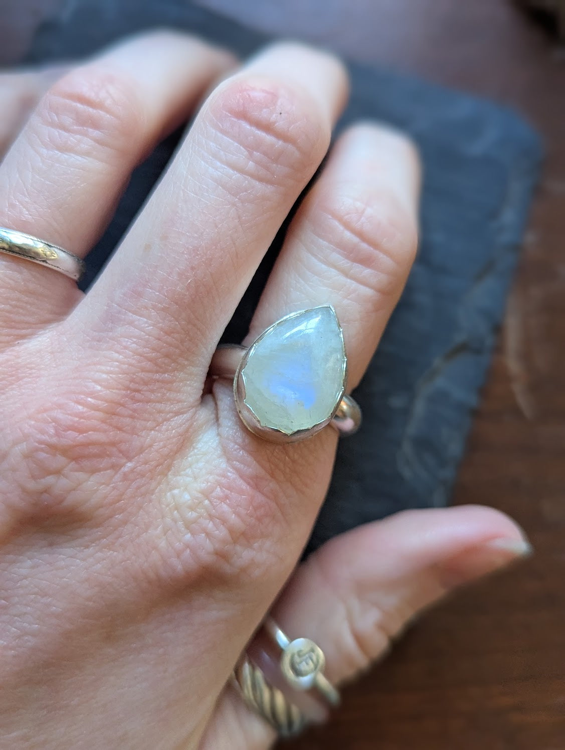 Moonstone Teardrop Sterling Silver Ring - Size 9