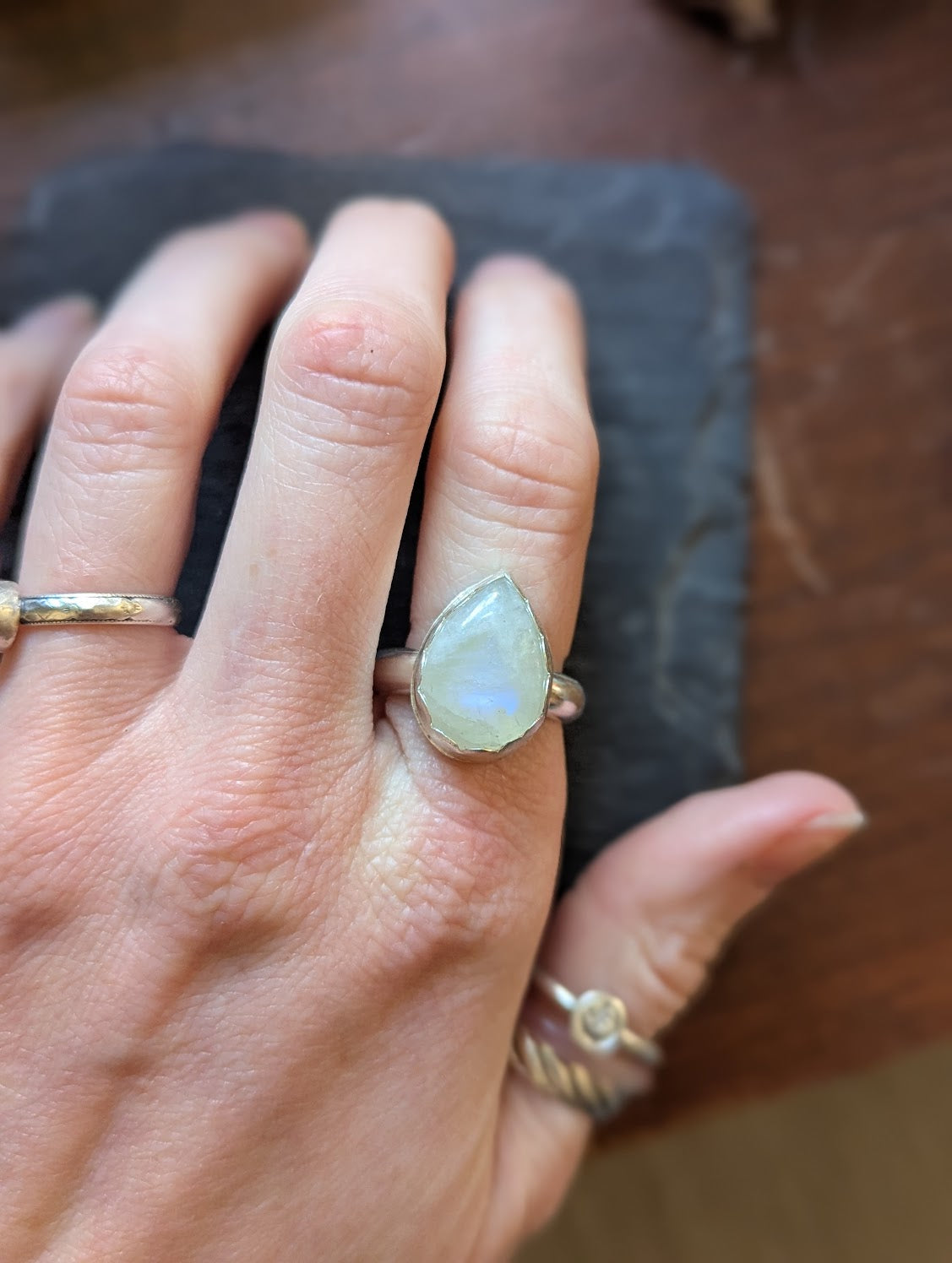 Moonstone Teardrop Sterling Silver Ring - Size 9