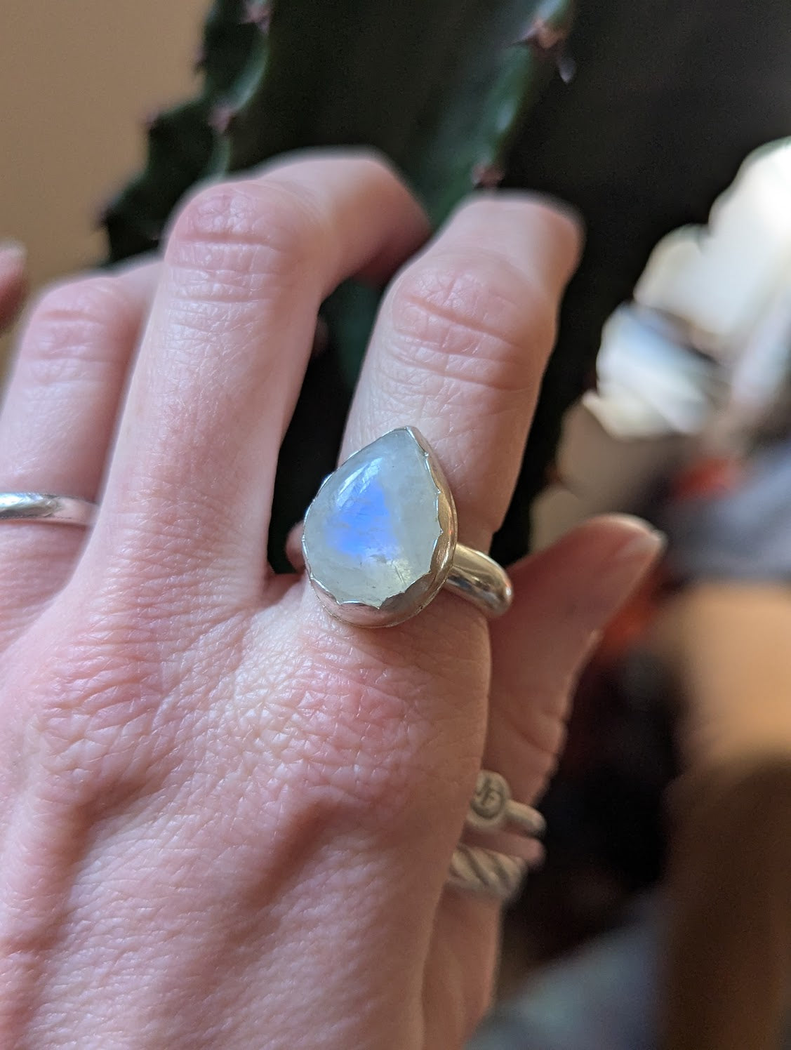 Moonstone Teardrop Sterling Silver Ring - Size 9