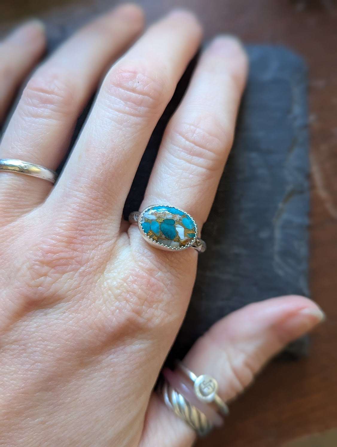 Spiny Oyster Turquoise Oval Silver Ring (Various Sizes Available)