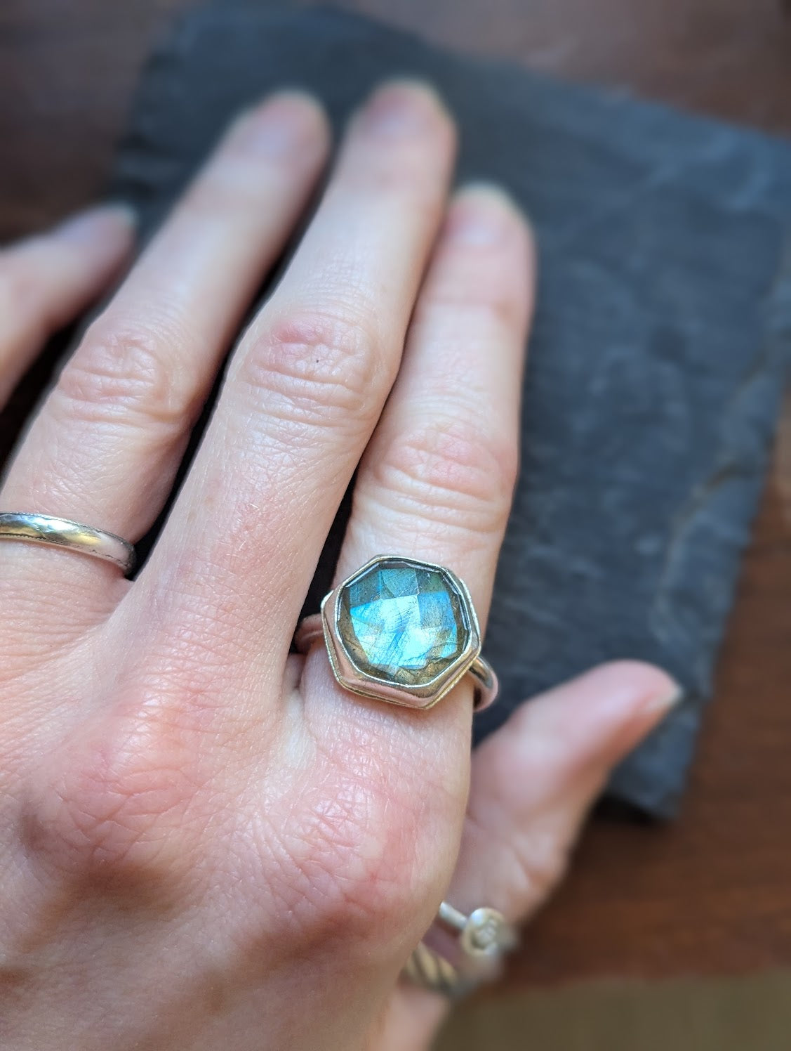 Hexagon Faceted Labradorite Sterling Silver Ring - Size 9