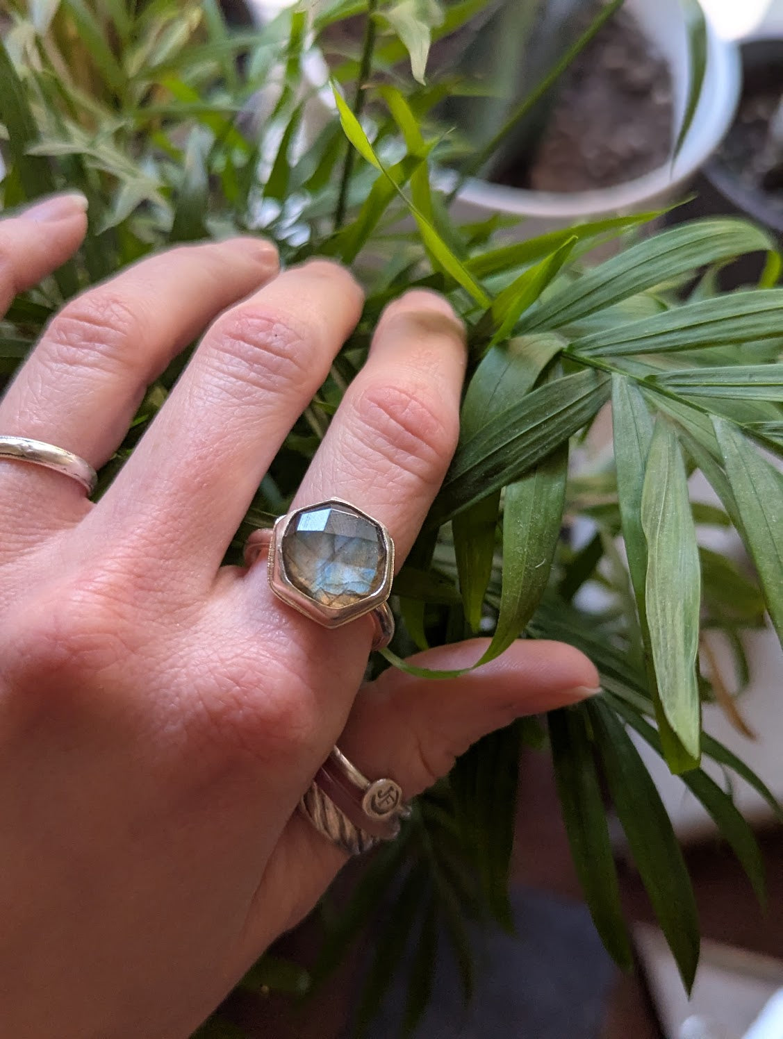 Hexagon Faceted Labradorite Sterling Silver Ring - Size 9