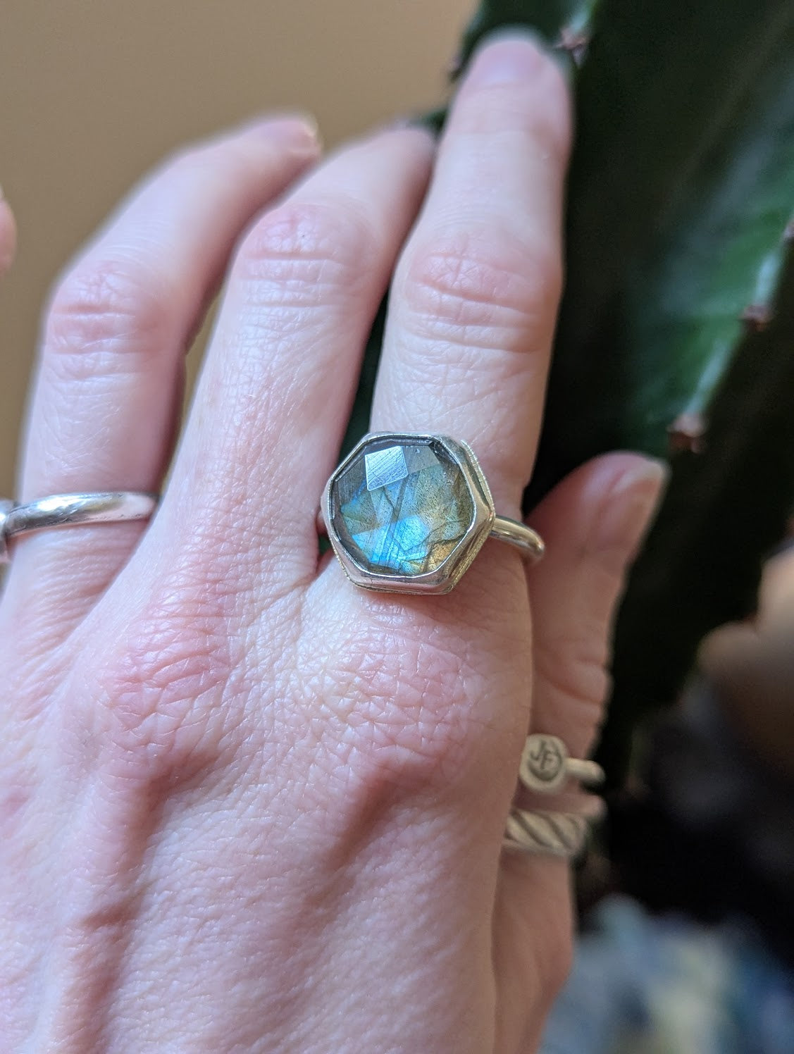 Hexagon Faceted Labradorite Sterling Silver Ring - Size 9