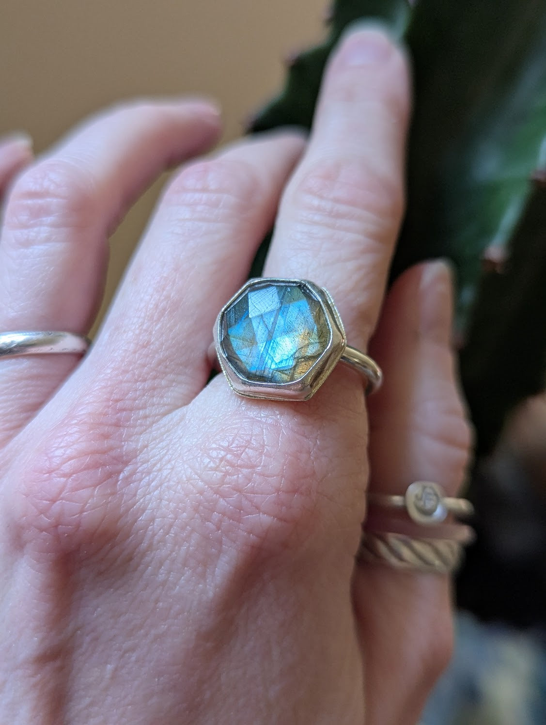 Hexagon Faceted Labradorite Sterling Silver Ring - Size 9