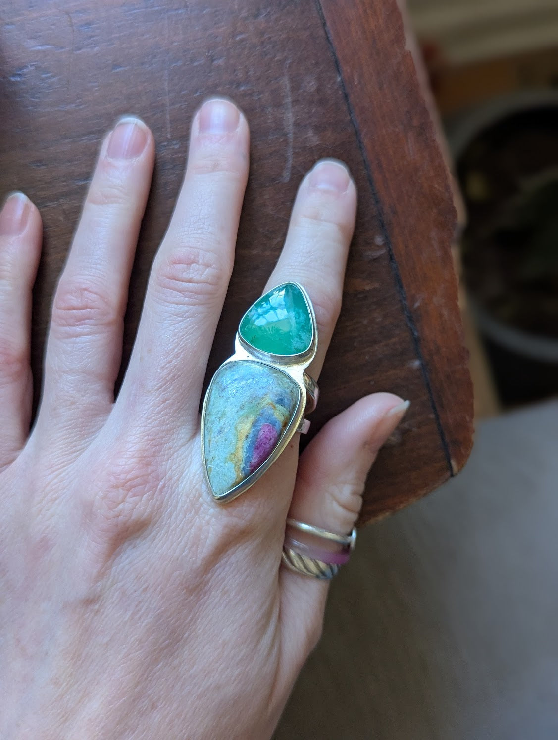 Ruby Fuchsite and Chrysoprase Silver Statement Ring - Size 9