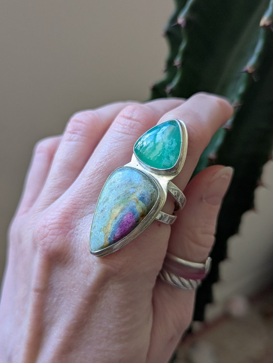 Ruby Fuchsite and Chrysoprase Silver Statement Ring - Size 9