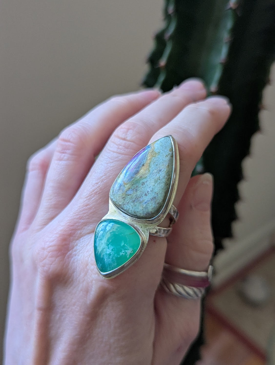 Ruby Fuchsite and Chrysoprase Silver Statement Ring - Size 9