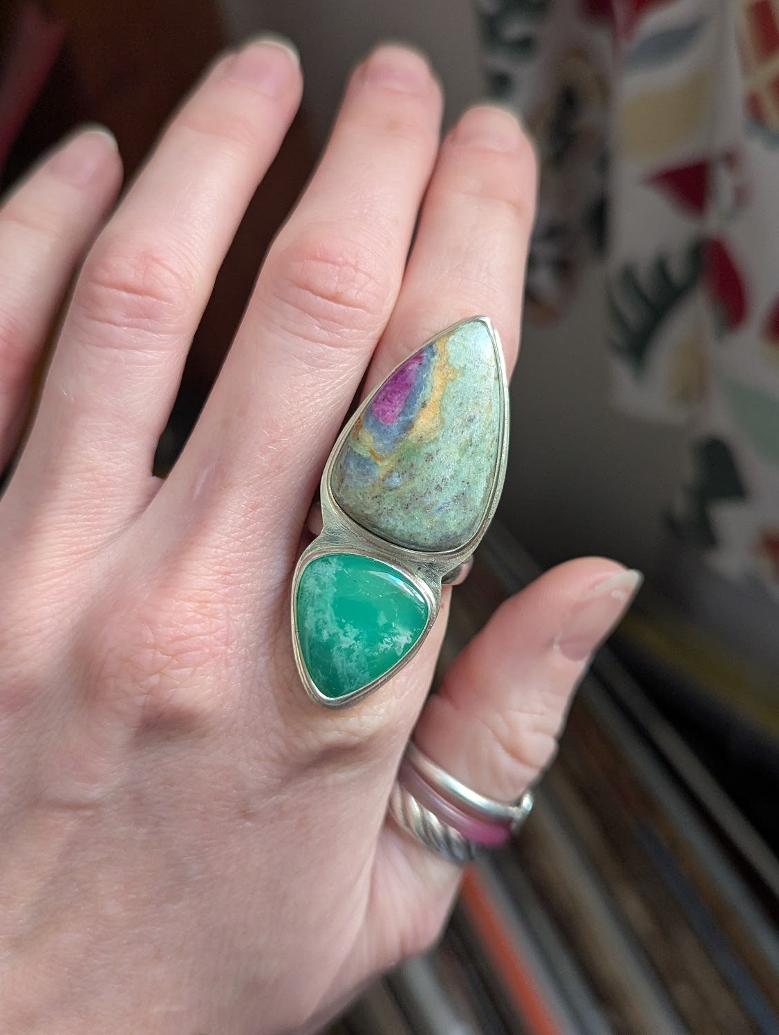 Ruby Fuchsite and Chrysoprase Silver Statement Ring - Size 9