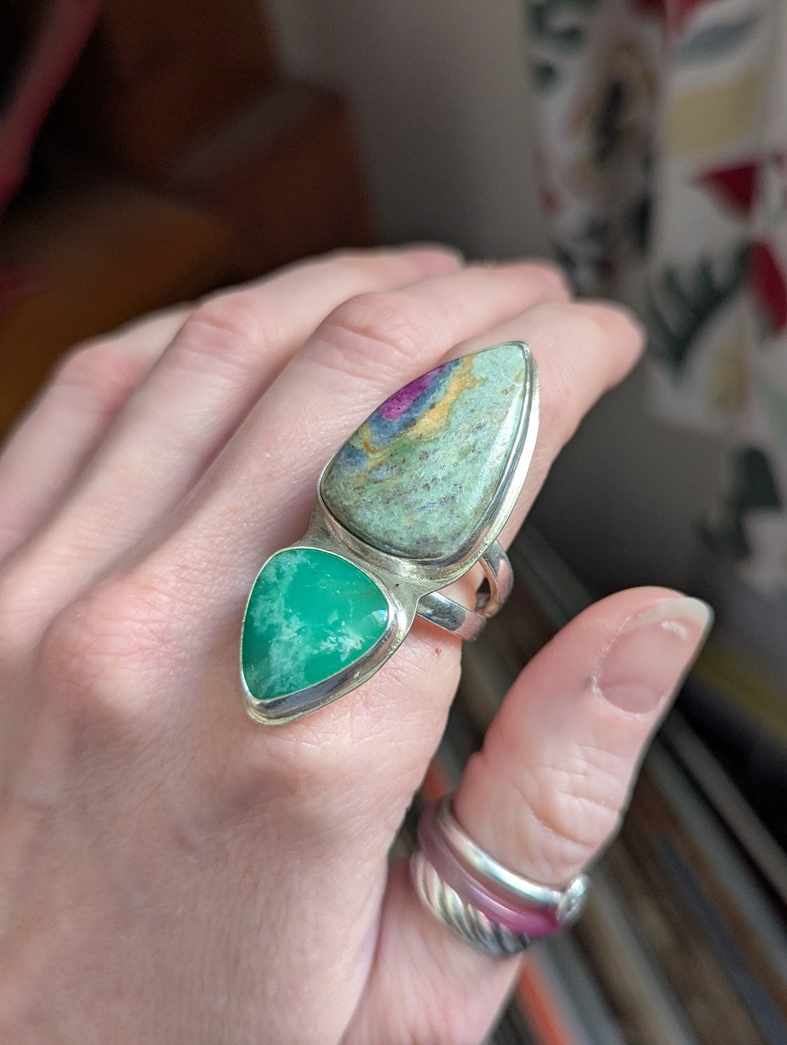 Ruby Fuchsite and Chrysoprase Silver Statement Ring - Size 9