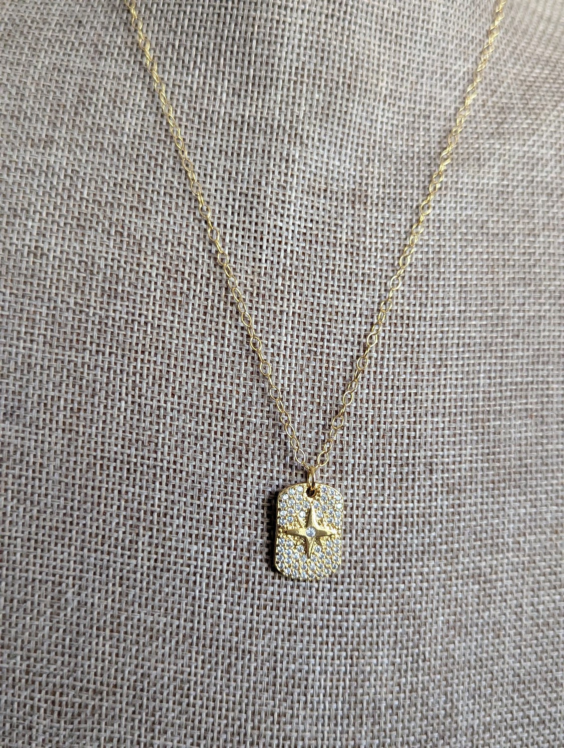 14kGF North Star Micro Pave Dog Tag Necklace